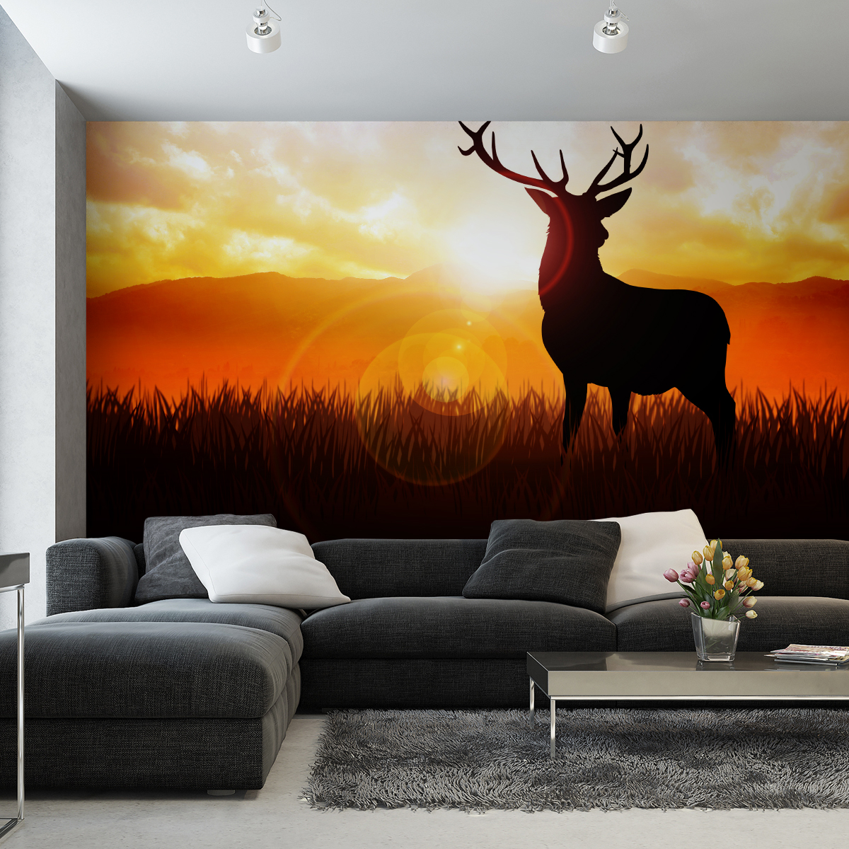 Fresque Murale Forêt Avec Cerf - Vlies Tapisserie Enfant - Inclut Colle - Neuf