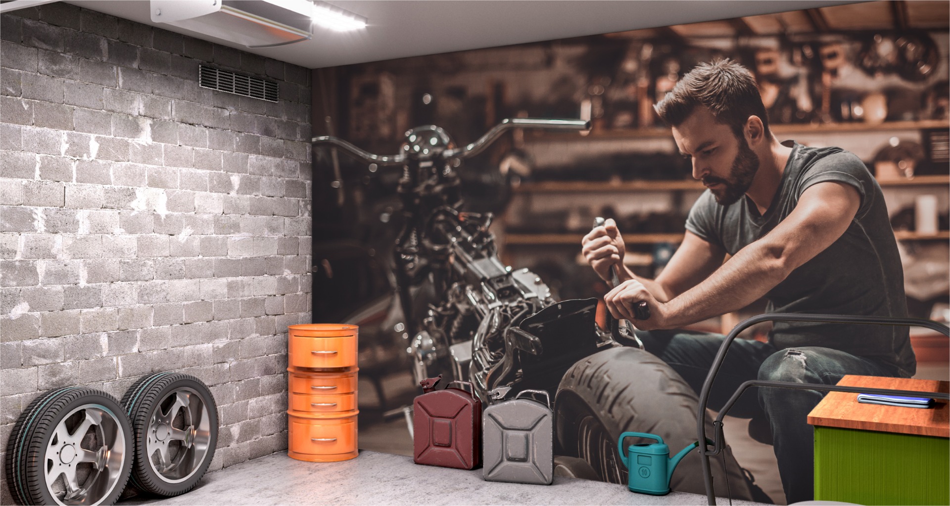 VLIES FOTOTAPETE Selbstklebende TAPETEN XXL Garage Motorrad Service